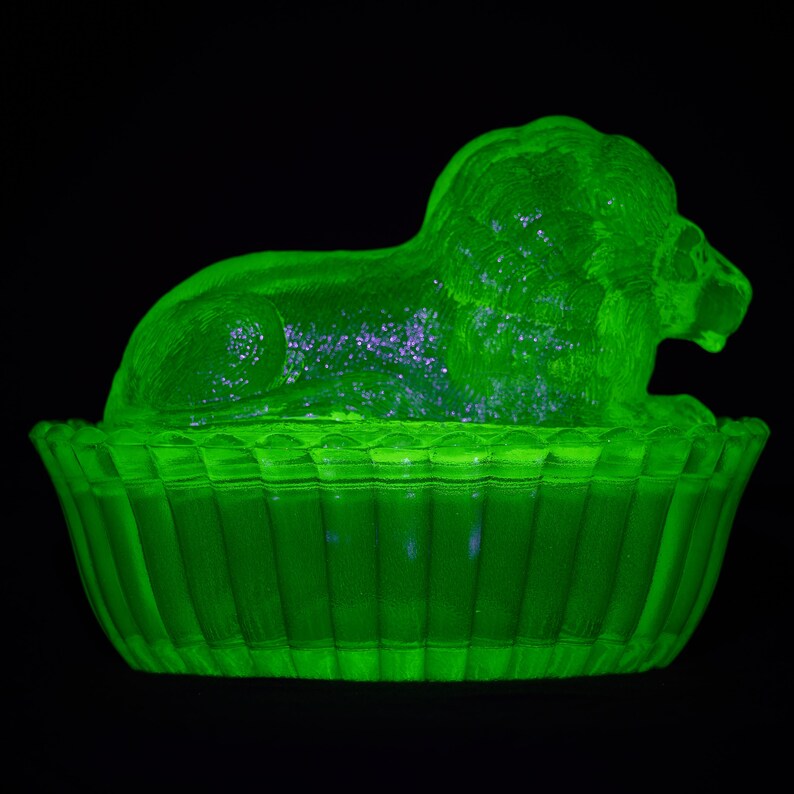 Westmoreland Vaseline Glass Lion Candy Dish Vintage Yellow Etsy