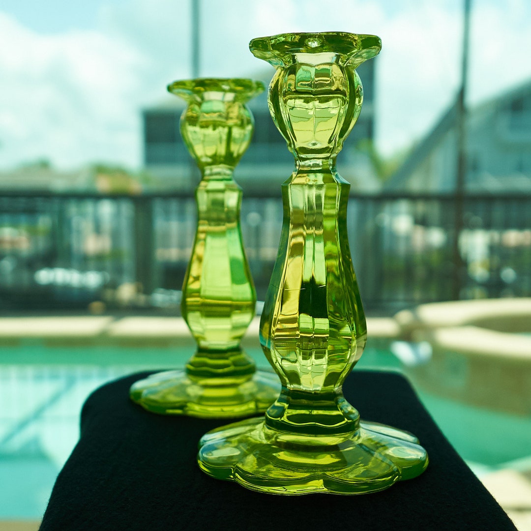 Vaseline Glass Candle Holder Pair Vintage Yellow Uranium Etsy