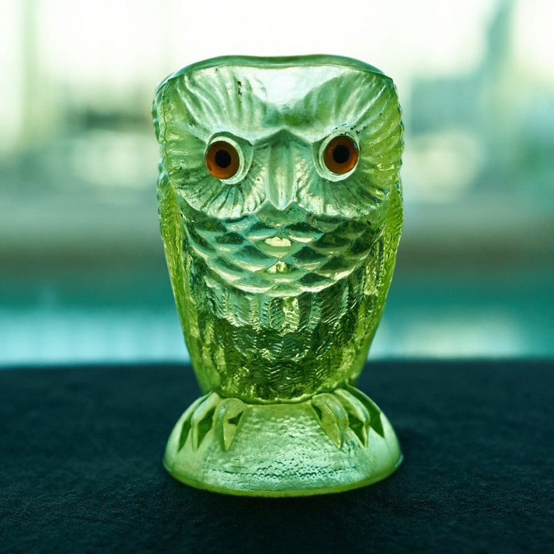 Vaseline Glass Owl Syrup Pitcher Vintage Yellow Uranium Glass Etsy