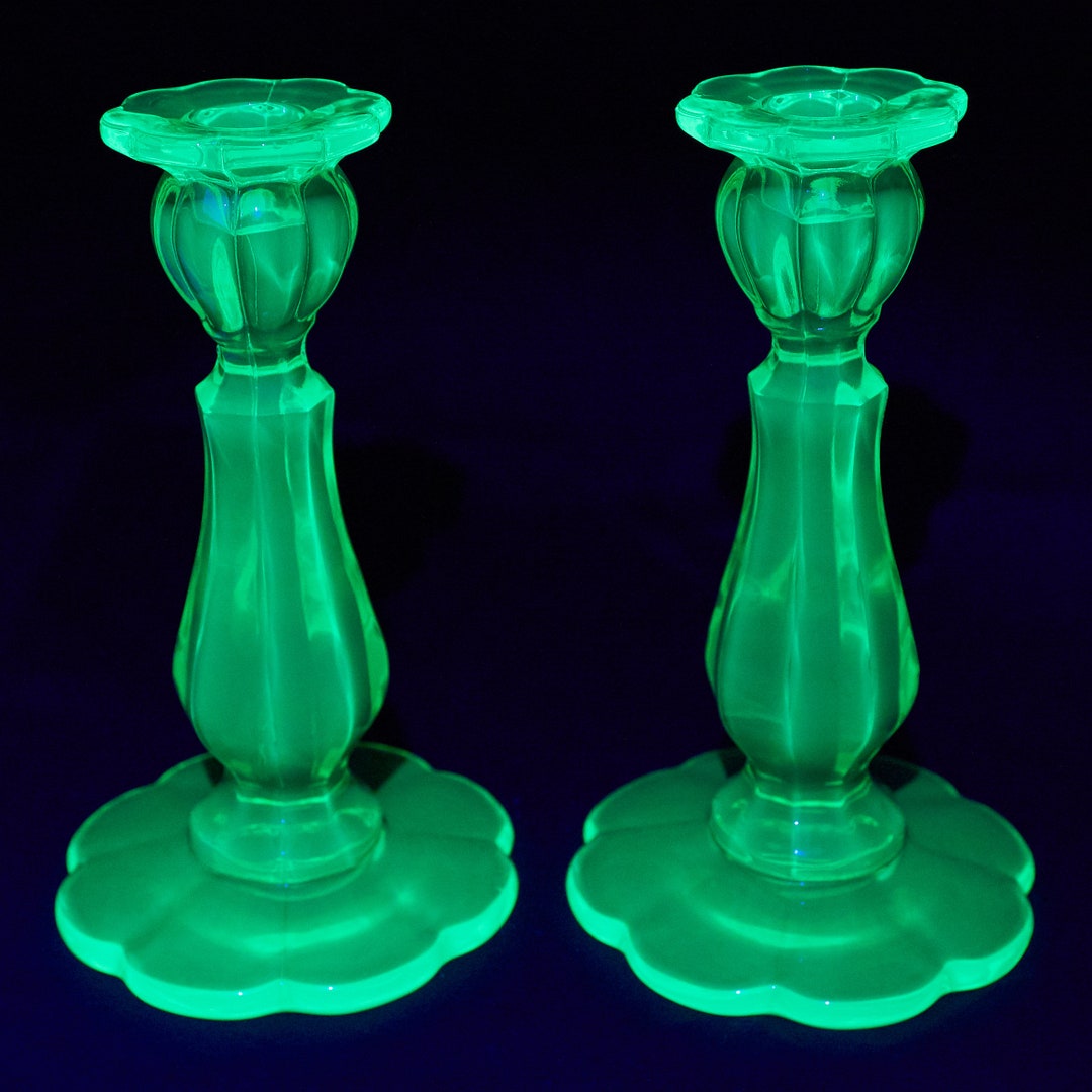 Vaseline Glass Candle Holder Pair Vintage Yellow Uranium Etsy