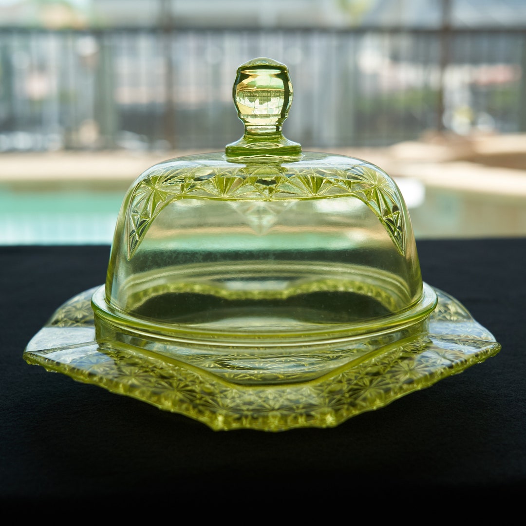 Vaseline Glass Butter Dish Vintage Yellow Uranium Glass Etsy