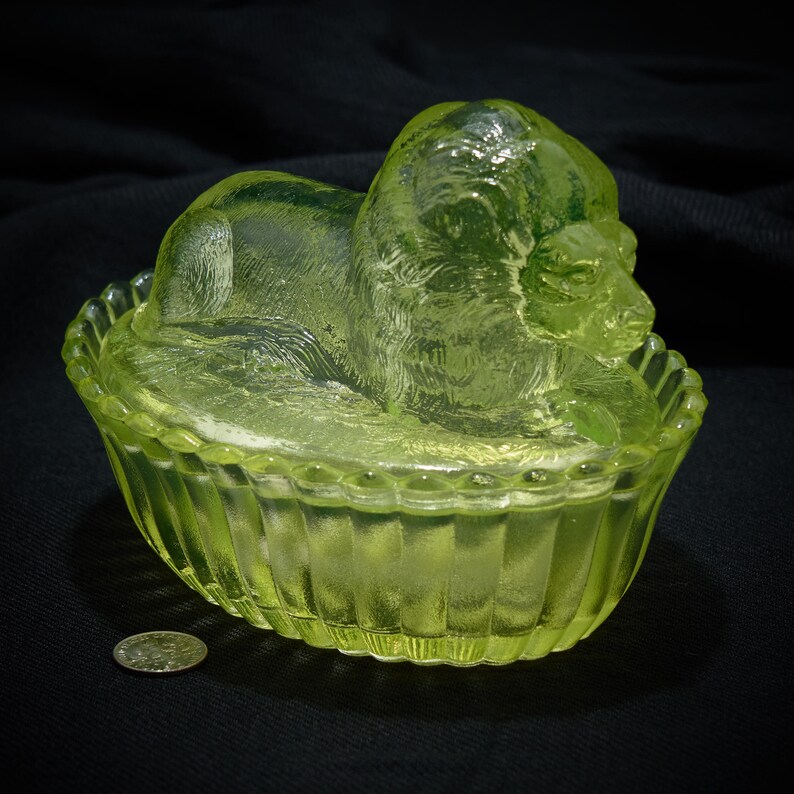 Westmoreland Vaseline Glass Lion Candy Dish Vintage Yellow Etsy
