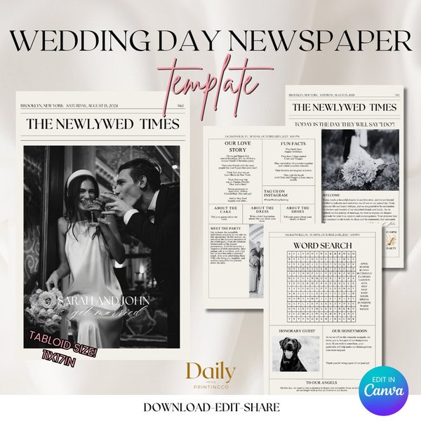 Wedding Day Newspaper Template, Wedding Keepsake, Wedding Newspaper Template, Printable Newspaper Program Itinerary, Canva Template