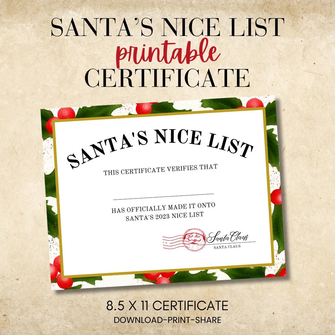 Santa's Nice List Certificate Printable Nice List - Etsy