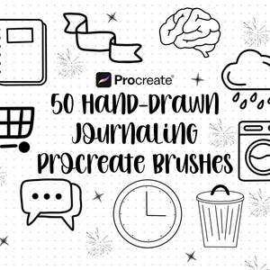 May include: Black and white illustration featuring various hand-drawn journaling elements. Includes a notebook, ribbon, brain, cloud with rain, shopping cart, speech bubbles, clock, washing machine, and trash can. Text reads "50 HAND-DRAWN JOURNALING PROCREATE BRUSHES."
