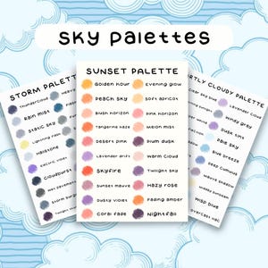 May include: Three colour palette cards labelled "Storm Palette", "Sunset Palette", and "Partly Cloudy Palette". Each card features colour swatches with descriptive names like "Thunder Cloud", "Peach Sky", and "Blue Breeze". The background is a light blue with white cloud illustrations.