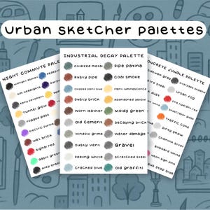 May include: Three colour palette cards labelled "Urban Sketcher Palettes" with colour swatches and names like "Night Commute Pale," "Industrial Decay Palette," and "Concrete Jungle Palette." The background is a blue cityscape.