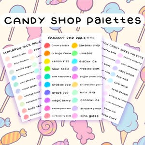 May include: Three candy-themed palettes with names including "Macaron Mix," "Gummy Pop," and "Cotton Candy Skies." Each palette displays a list of colour names, such as "Cherry Blast" and "Blue Raspberry," against a pastel background.