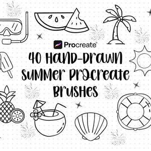 Summer Procreate Stamps Brush Pack: 40 Hand-Drawn Beach and Tropical Clipart