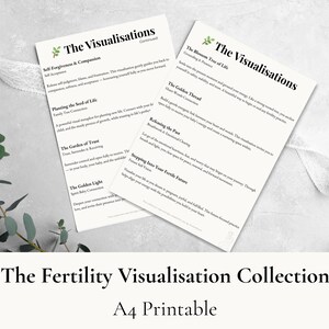May include: Two A4 printable pages with the title "The Visualisations" and text about fertility. The pages are white with black text and a green leaf design. The text includes topics like self-forgiveness, planting the seed of life, and stepping into your fertile future. The bottom of the image reads "The Fertility Visualisation Collection A4 Printable."