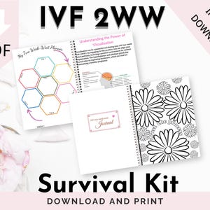 May include: A printable IVF 2WW survival kit with a planner, journal, and coloring page. The kit includes the text "My Two Week Wait Planner", "IVF Two Week Wait Journal", and "Trust the Process".