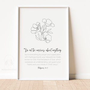Do not be anxious Philippians 4:6-7 Bible verse print, verse about anxiety, Botanical Christian wall art, Modern, Minimal, Christian print