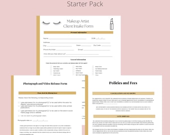 May include: A printable client intake form for makeup artists. The form includes sections for personal information, general information, photograph and video release, and policies and fees. The form is designed to be used by makeup artists to gather information from their clients.