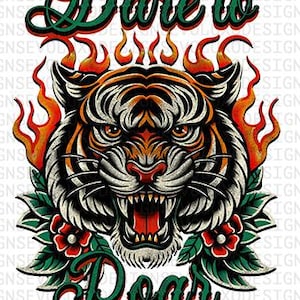 Fiery Tiger Floral PNG: Distressed Retro Design for POD