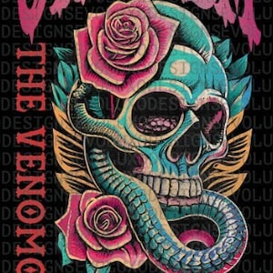 Skull Snake Roses Tattoo Art - Vintage Style PNG (Digital Download)
