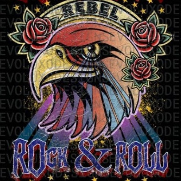 Long Live Rock N' Roll Rebel  Eagle Digital art Sublimation DTF DTG Print PNG File T Shirt  Fashion tee Distressed Rock and Roll Graphic