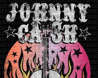 Johnny Cash Distressed Vintage Digital Sublimation DTF DTG Print PNG File Rock N Roll T Shirt Grunge Fan Art Flaming Guitar