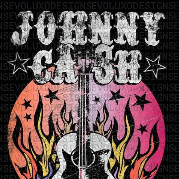 Johnny Cash Distressed Vintage Digital Sublimation DTF DTG Print PNG File Rock N Roll T Shirt Grunge Fan Art Flaming Guitar