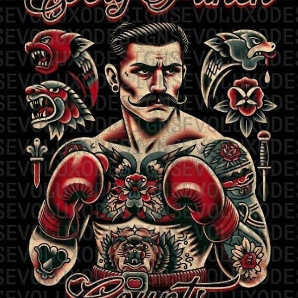 Every pounch count tattoo style old school Tattooed Boxer  Vintage Ink Boxer Graphic Digital Sublimation DTF DTG Print PNG File T Shirt