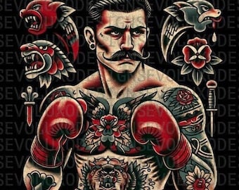 Every pounch count tattoo style old school Tattooed Boxer  Vintage Ink Boxer Graphic Digital Sublimation DTF DTG Print PNG File T Shirt