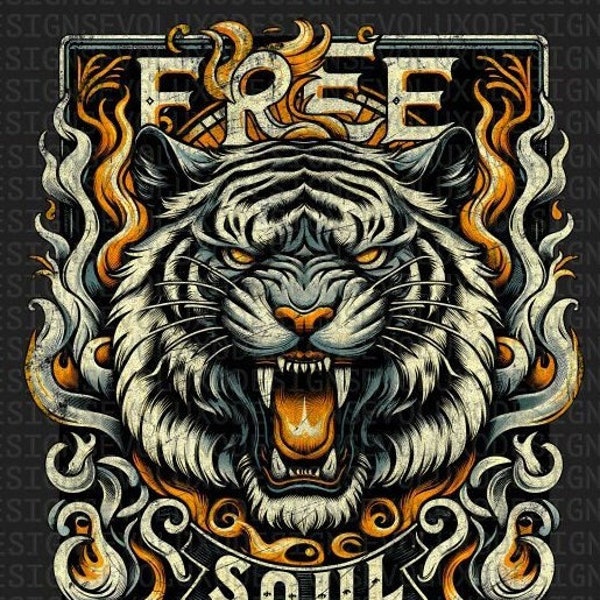 Free Soul Vintage Flames roar Digital Sublimation DTF DTG Print PNG File Rock Band 80s T Shirt Leopard Distressed Print Fan Art