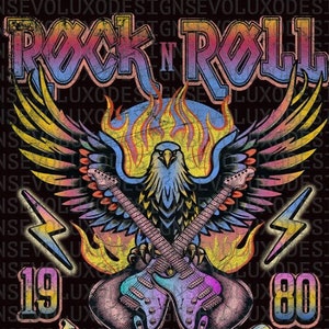 Rock n Roll Eagle Star Wings Chitarre Bolt World tour Rainbow flash Stampa digitale a sublimazione DTF DTG File PNG Rock T Shirt