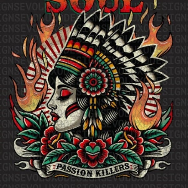 Fierce soul Tatto Art style  Native American Art Ink Art Vintage Digital Sublimation DTF DTG Print PNG File T Shirt
