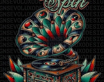 Retro Spin Art Digital Sublimation DTF DTG Print PNG FileT Shirt  Tattoo Apparel Distressed Record Player Graphic Classic Tattoo Style Wear