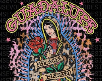 Our Lady Of Guadalupe Leopard Texture And Roses Digital Sublimation DTF DTG Print PNG File Vintage Shirt Virgen de Guadalupe Virgin Collage