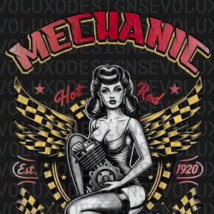 Mechanic Motor Shop Sexi Woman Flag Moto Sublimation DTF DTG Print PNG File Rock Band 80s T Shirt  Distressed Print Fan Art