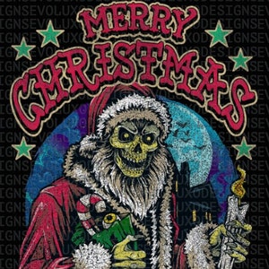 Christmas tee Skull rock merry christma santa Digital Sublimation DTF DTG Print PNG File T Shirt Distressed Vintage Design
