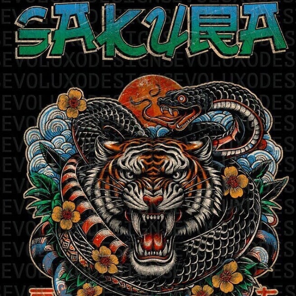 Sakura Vintage Japanese Tiger PNG Old School Tattooed Tiger Graphic Graphic Digital Sublimation DTF DTG Print  File T Shirt