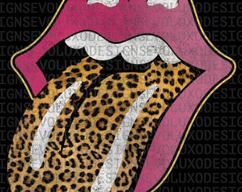 Stones Tongue cheetahTexture Print Grunge Digital Sublimation DTF DTG Print PNG File Rock 80s Distressed T-Shirt Design leopard