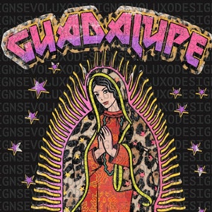 Nuestra Señora de Guadalupe Leopardo Impresión Sublimación Digital DTF DTG Impresión PNG Archivo Vintage Camiseta Virgen de Guadalupe Virgen Pop Art Trendy