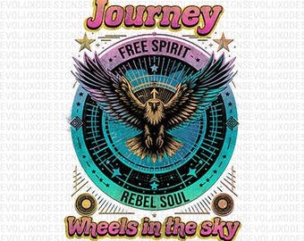 Journey “Wheels in the Sky” Eagle – Vintage Distressed Free Spirit Art, High-Res 300 DPI Sublimation PNG for POD & Gifts