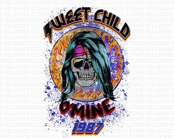 Sweet Child O’Mine Skull PNG | 80s Rock Band Retro Design | Flames Skeleton Clipart | Vintage Rock Music Sublimation Download
