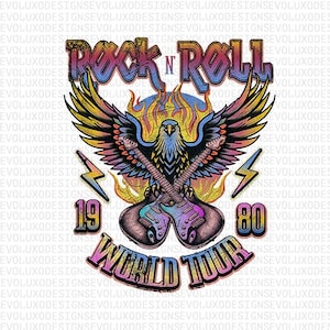 Rock ’n’ Roll World Tour 1980 – Vintage Distressed Eagle & Guitars PNG 300 DPI for POD Tees, Mugs and Music Lover Gifts