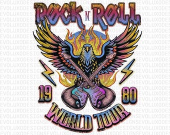 Rock ’n’ Roll World Tour 1980 – Vintage Distressed Eagle & Guitars PNG 300 DPI for POD Tees, Mugs and Music Lover Gifts
