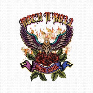 Rock N Roll PNG Eagle Flames Sublimation | Music Soul Skull Roses Clipart | Tattoo Style Rock PNG for Shirt Sticker Mug