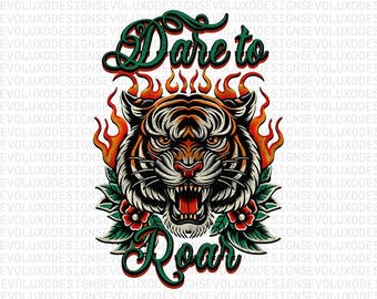 Dare to Roar – Fiery Tiger Floral Distressed PNG 300 DPI for POD Tees, Mugs & Posters