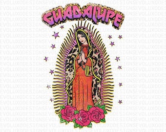 Guadalupe PNG | Virgen de Guadalupe Clipart | Mexican Religious Art Sublimation Design | Retro Roses and Leopard Print