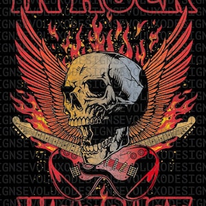 In Rock We Trust Art Rock N roll Style Skull flames Electric Guitars Wings Art Digital Sublimation DTF DTG Print PNG File T Shirt