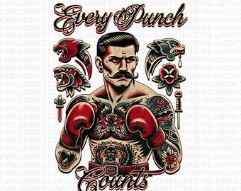 Every Punch Counts PNG – Vintage Boxer Tattoo Style Graphic