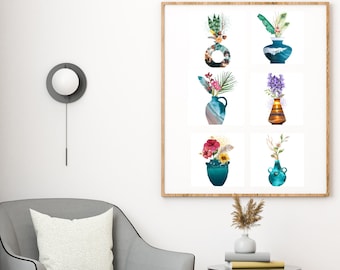 Ocean Flower Vases with Watercolor Plants, Flowers, and Feathers | Set of 6 | Digital Art