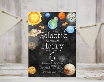 May include: A birthday invitation with a space theme. The invitation features watercolor illustrations of planets, stars, and a sun against a dark background. Text reads "Join us for a Galactic Adventure Harry is turning 6".