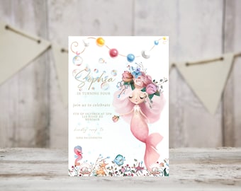 Mermaid Birthday Invitation Template, Floral Mermaid, Editable Mermaid Watercolor Invitation, Girl Birthday, INSTANT DOWNLOAD