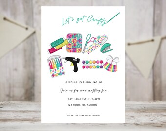 May include: A colorful invitation for a crafting party. The invitation features a variety of craft supplies, including yarn, scissors, tape, a stapler, glue, paint, and a bow. The text on the invitation reads "Let's get Crafty!" and "Amelia is turning 10. Join us for some crafting fun. Sat | Aug 25th | 2-4pm. 123 Rode Rd. Albion. RSVP to Gina 0987776665."