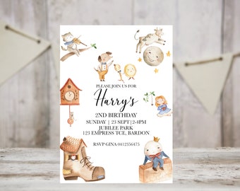May include: A white invitation with a watercolor illustration of a cat playing the violin, a dog holding a clock, a cow on the moon, a girl holding a book, a clock, a boot, and a man with a crown. The invitation is for Harry's 2nd birthday party on Sunday, September 23rd from 2-4pm at Jubilee Park, 123 Empress Tce, Bardon. RSVP to Gina at 0412356475.