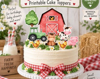 May include: A white frosted cake on a white stand, decorated with a red barn, green tractor, tree, and farm animal cutouts including a cow, pig, horse, and chickens. A red and white gingham ribbon is tied around the base of the cake.
