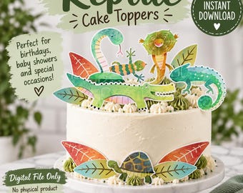 May include: A round white frosted cake decorated with watercolor-style reptile cake toppers including a snake, lizard, crocodile, chameleon, and turtle, surrounded by paper leaves. Text reads: Reptile Cake Toppers, Instant Download.